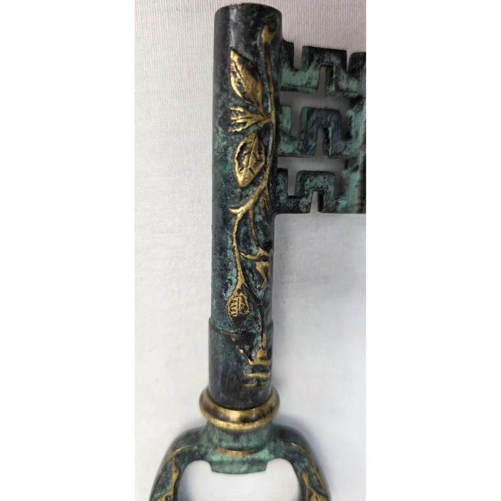 Vintage Skeleton Key Corkscrew Bottle Opener Verdigris Rose Embossed Bar Tool